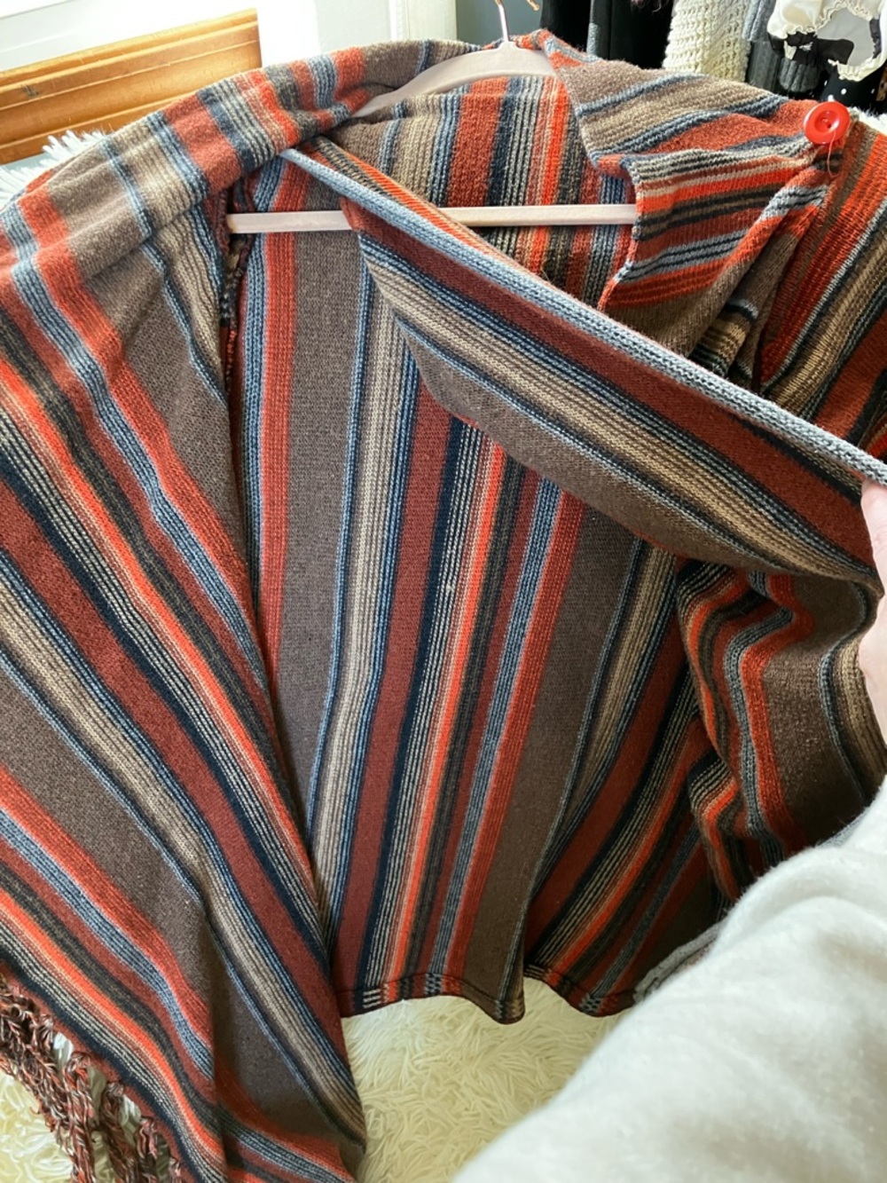 Striped Fringe Open Front Cardigan - Rust Multi - Picture 6 of 6